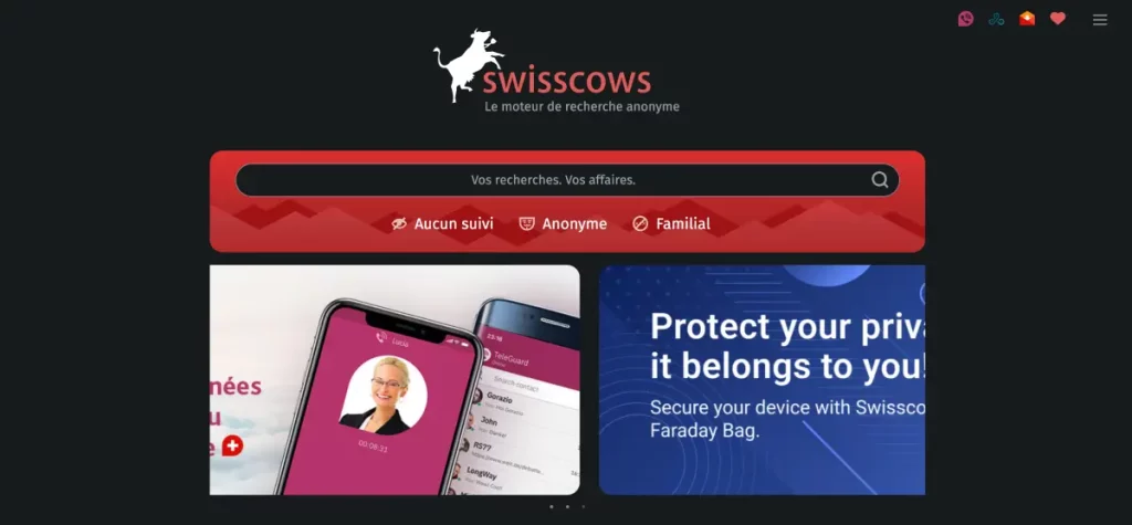 Screenshot of SwissCows, Switzerland 2024 search engine