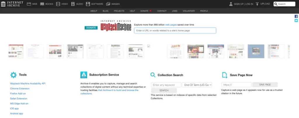 Screenshot of Web Archives, search engine 2024