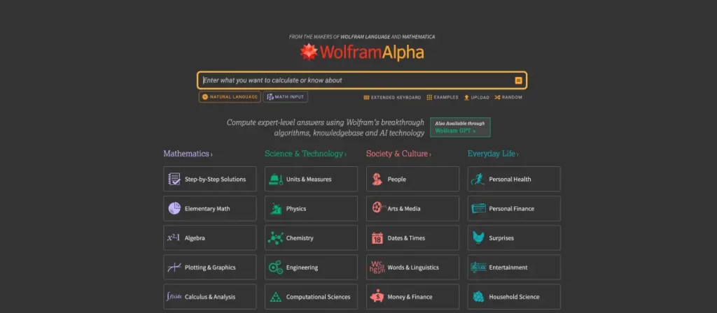 Capture d'écran de Wolframalpha, moteur de recherche 2024